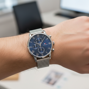 Close up shot of Tommy Hilfiger 1791398 on wrist showing the blue dial with multi-function sub-dials and silver-tone Roman numeral markers