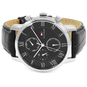 Angled view of Tommy Hilfiger 1791401 highlighting the polished silver case and premium black leather strap