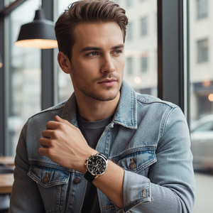 Man wearing Tommy Hilfiger Kane silver and black leather watch for a sophisticated, classic, and elegant professional look