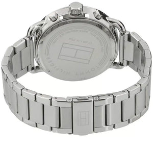 Angled view of the Tommy Hilfiger 1791422 highlighting the robust silver stainless steel case