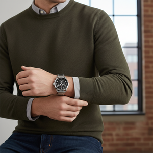 Male model wearing Tommy Hilfiger 1791422 silver watch with a casual sporty outfit