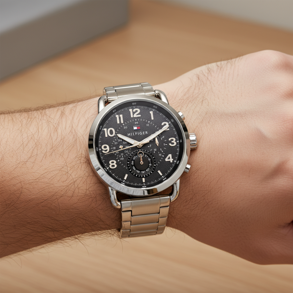 Close up shot of Tommy Hilfiger 1791422 watch on wrist showing the bold black dial and sub-dials