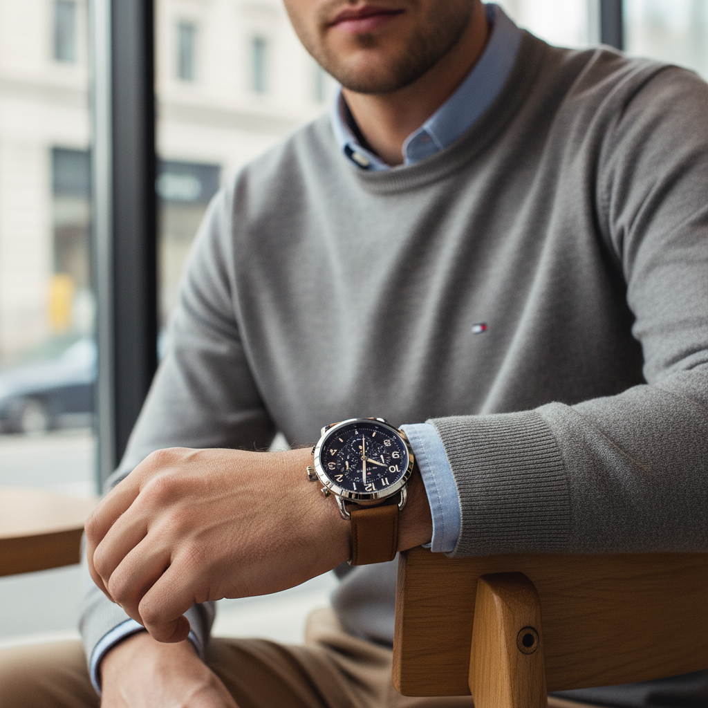 Male model wearing Tommy Hilfiger 1791424 silver watch with a casual denim outfit