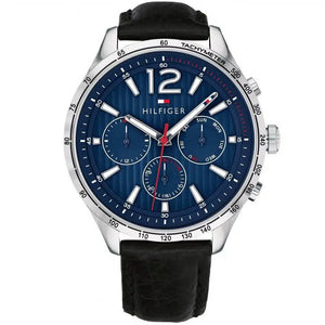 Tommy Hilfiger Gavin 1791468 men's watch with silver case blue textured dial and black leather strap
