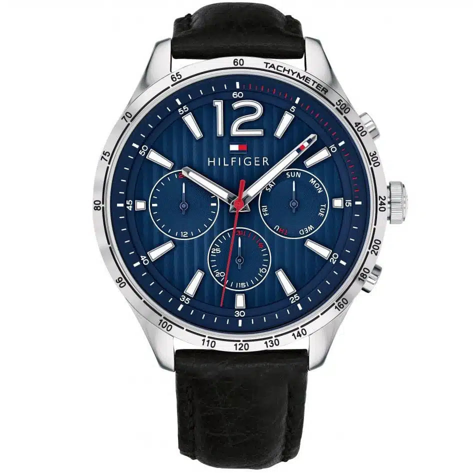 Tommy Hilfiger Gavin 1791468 men's watch with silver case blue textured dial and black leather strap