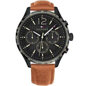 Tommy Hilfiger Gavin 1791470 men's watch with black case black dial and light brown leather strap