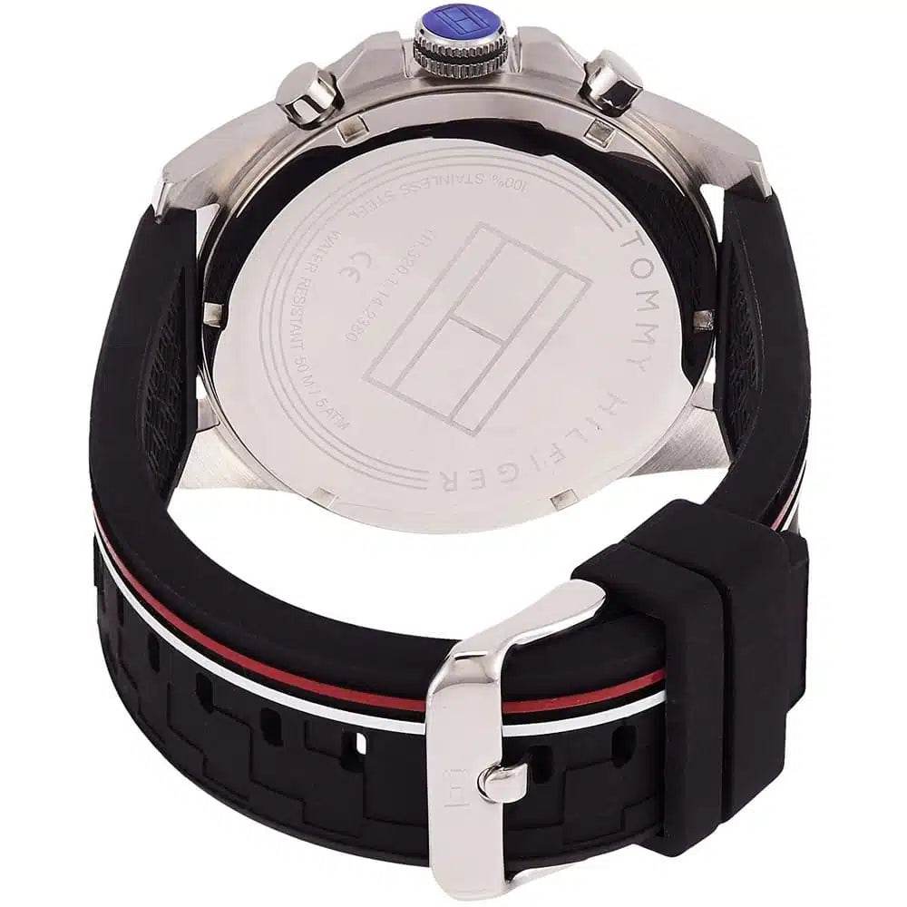 Left side perspective of the Tommy Hilfiger 1791473 black dial and striped silicone strap