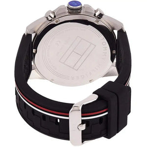 Left side perspective of the Tommy Hilfiger 1791473 black dial and striped silicone strap
