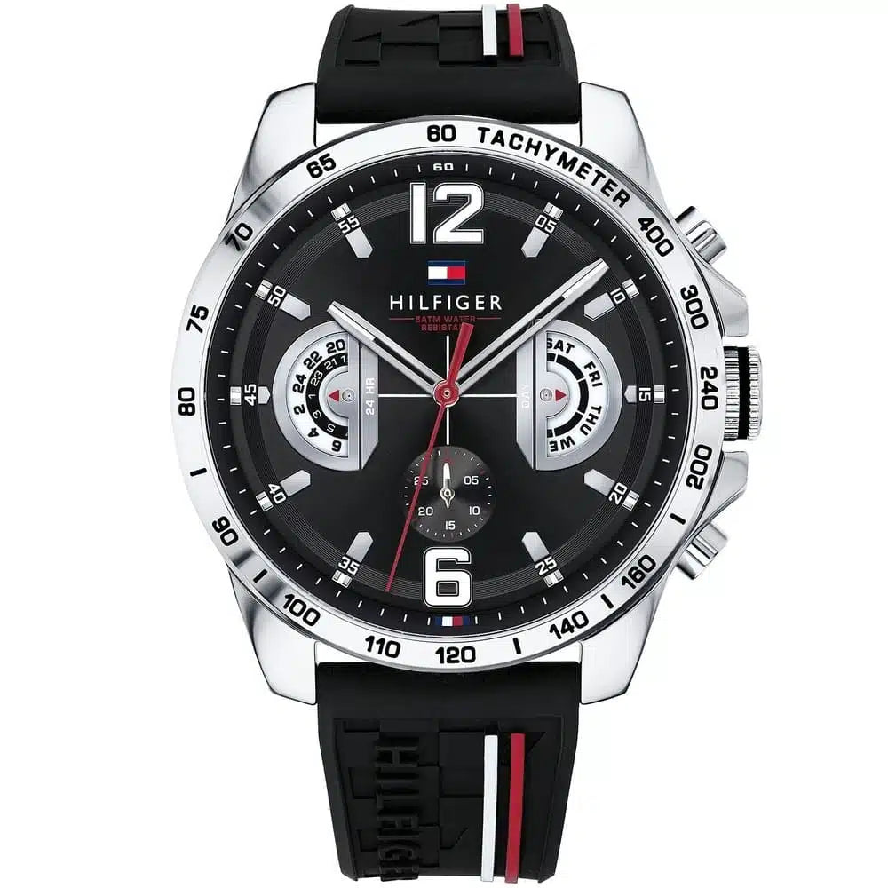 Tommy Hilfiger Decker 1791473 men's watch with silver case black dial and sporty silicone strap