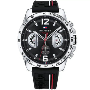 Tommy Hilfiger Decker 1791473 men's watch with silver case black dial and sporty silicone strap