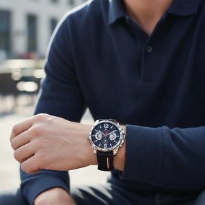 Male model wearing Tommy Hilfiger 1791473 silver watch with a casual sporty outfit