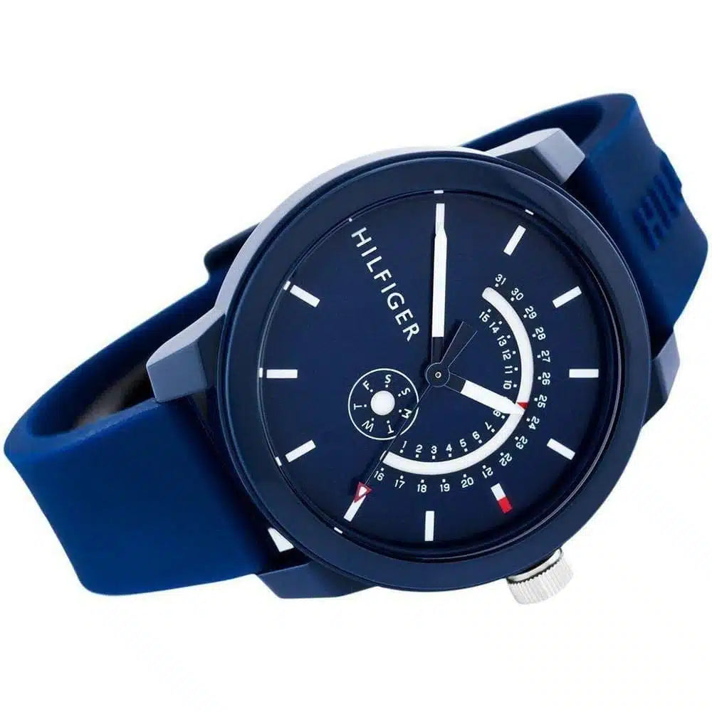 Left side perspective of the case and sporty dial details of the Tommy Hilfiger 1791482 watch