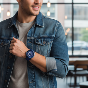 Man wearing Tommy Hilfiger Brooklyn blue rubber watch for a sharp, bold, and dynamic everyday look