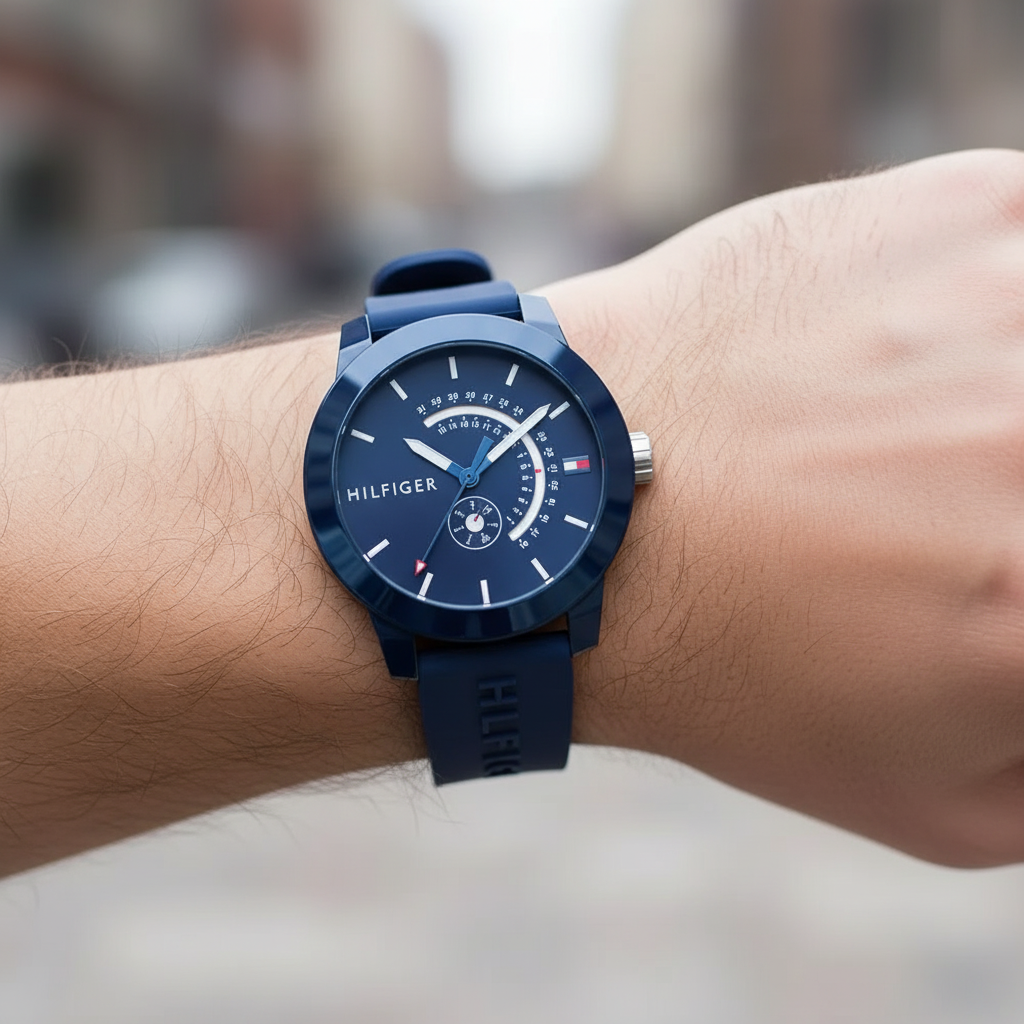 Close up shot of Tommy Hilfiger 1791482 on wrist showing the navy blue dial with unique arched multi-function sub-dials