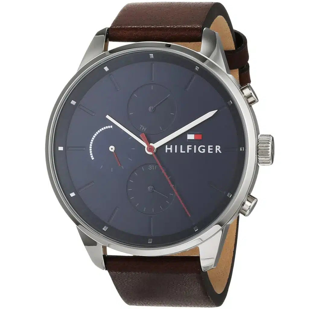 Left side perspective of the Tommy Hilfiger 1791487 blue dial and brown leather strap