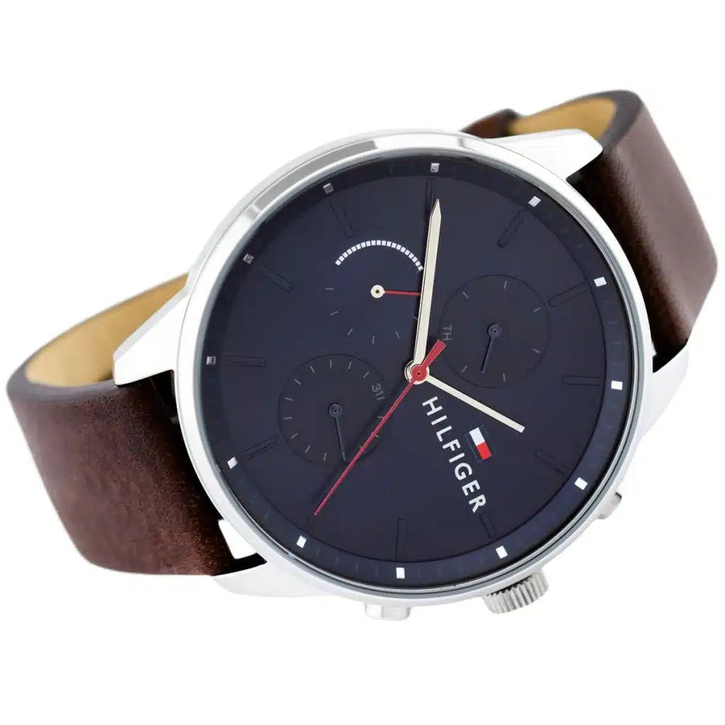 Angled view of the Tommy Hilfiger 1791487 highlighting the polished silver stainless steel case