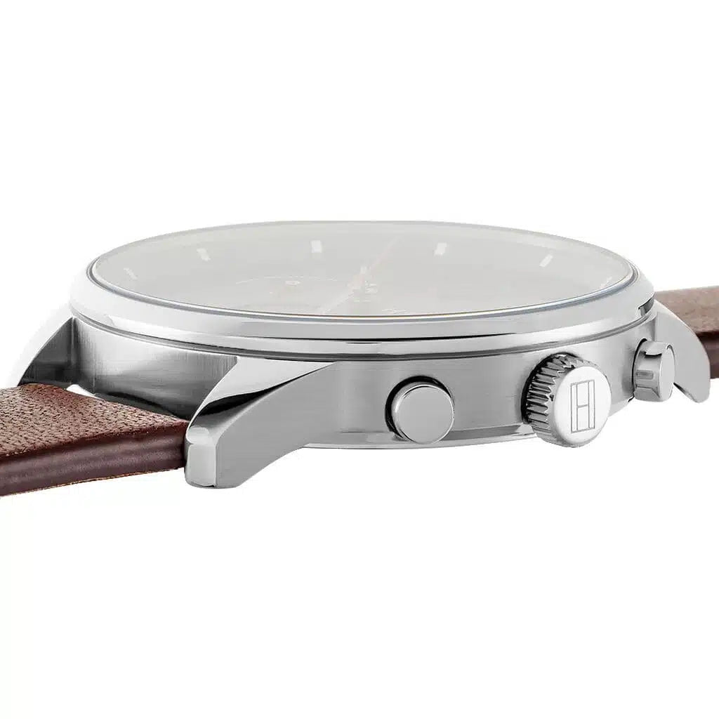 Silver-tone buckle on the genuine brown leather strap of the Tommy Hilfiger 1791487
