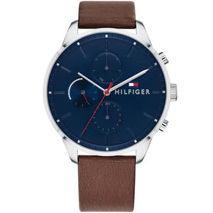 Tommy Hilfiger Chase 1791487 men's watch with silver case blue dial and brown leather strap