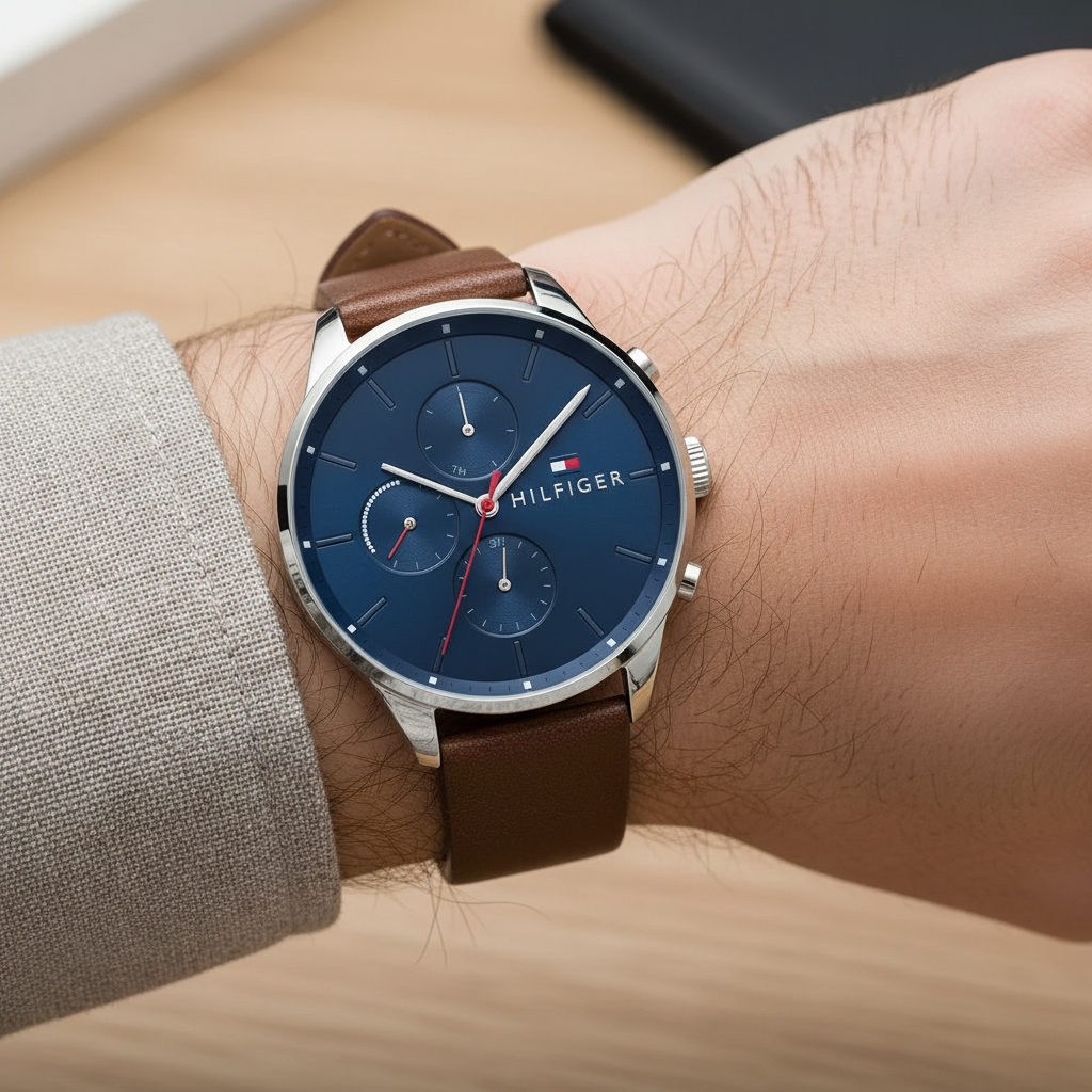 Close up shot of Tommy Hilfiger 1791487 watch on wrist showing the blue multifunction dial