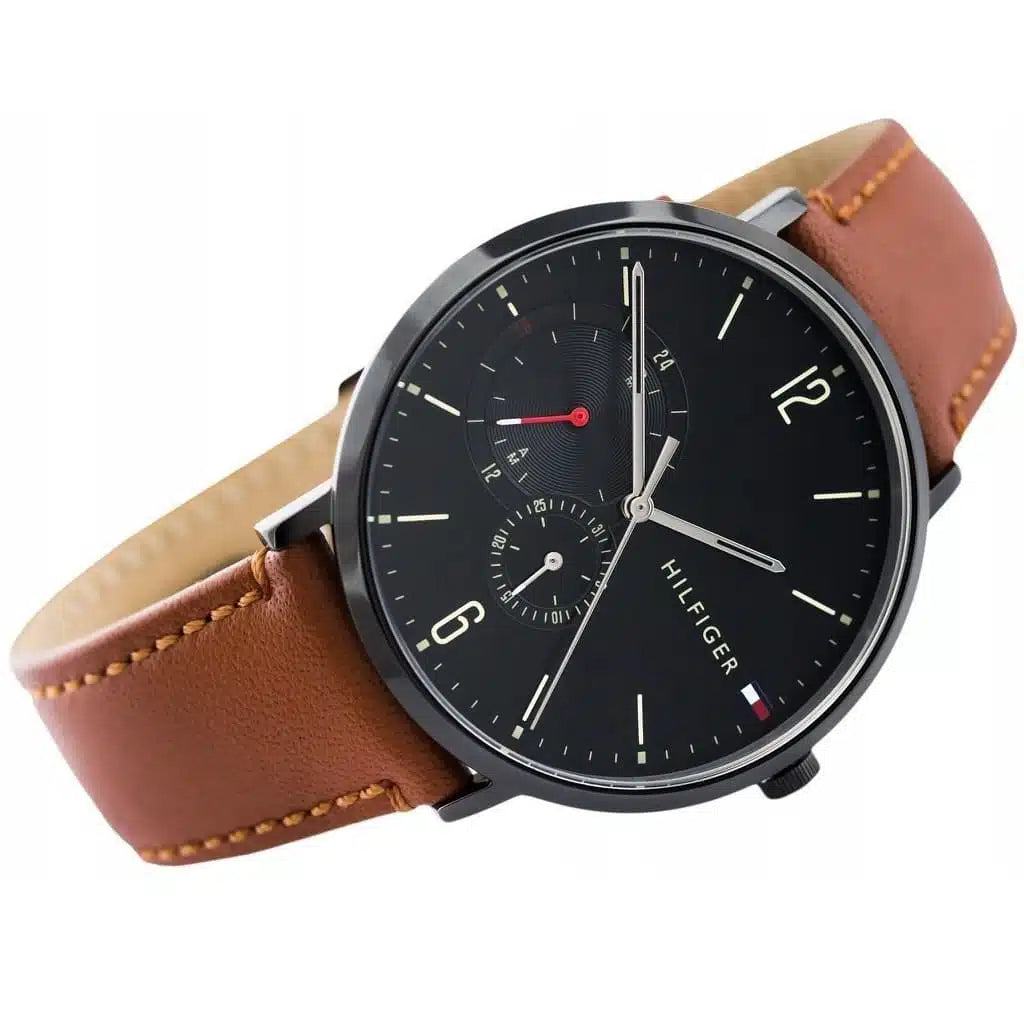 Left side perspective of the Tommy Hilfiger 1791510 black dial and tan leather strap
