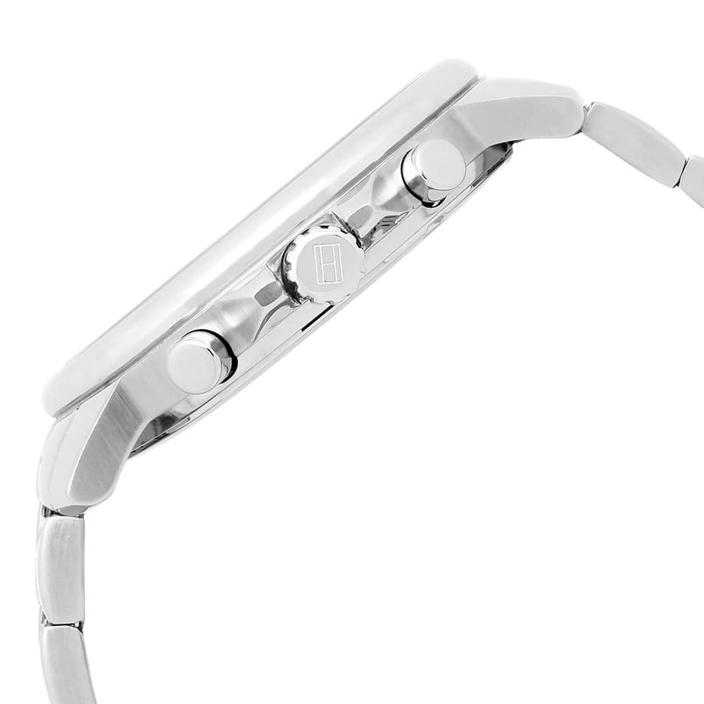 Left side perspective of the Tommy Hilfiger 1791534 blue dial and silver bracelet