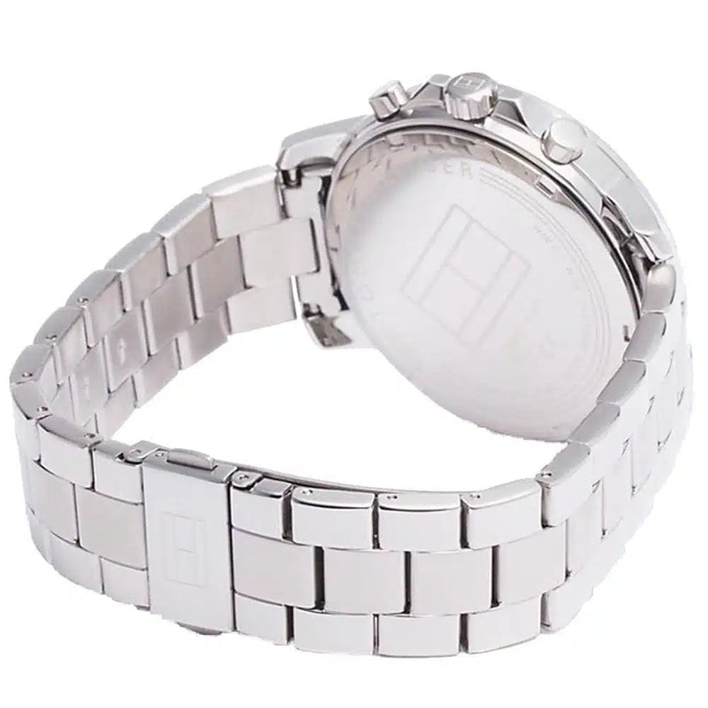 Angled view of the Tommy Hilfiger 1791534 highlighting the polished silver stainless steel case