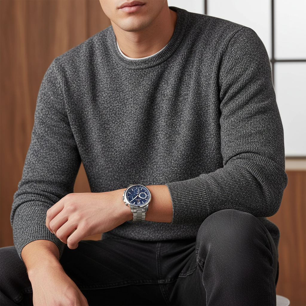 Male model wearing Tommy Hilfiger 1791534 silver watch with a smart casual outfit