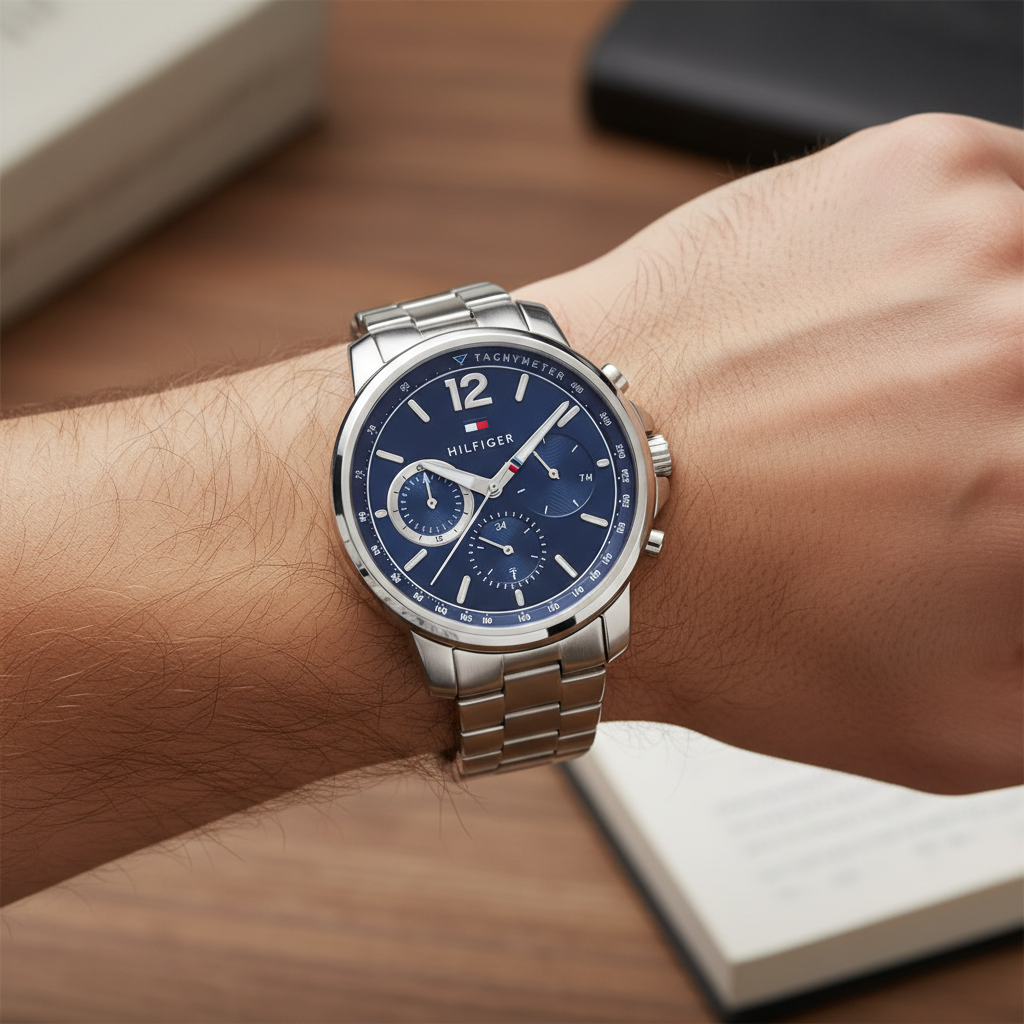 Close up shot of Tommy Hilfiger 1791534 watch on wrist showing the blue multifunction dial