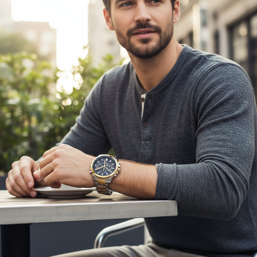 Male model wearing Tommy Hilfiger 1791559 two-tone watch with a smart casual outfit