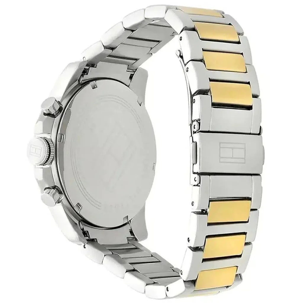 Side profile view of the polished silver and gold case of the Tommy Hilfiger 1791559