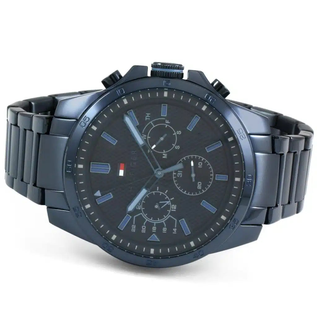 Angled view of the Tommy Hilfiger 1791560 highlighting the blue ion-plated stainless steel case