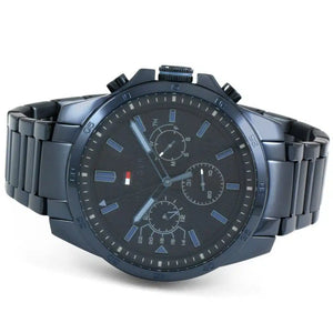 Angled view of the Tommy Hilfiger 1791560 highlighting the blue ion-plated stainless steel case