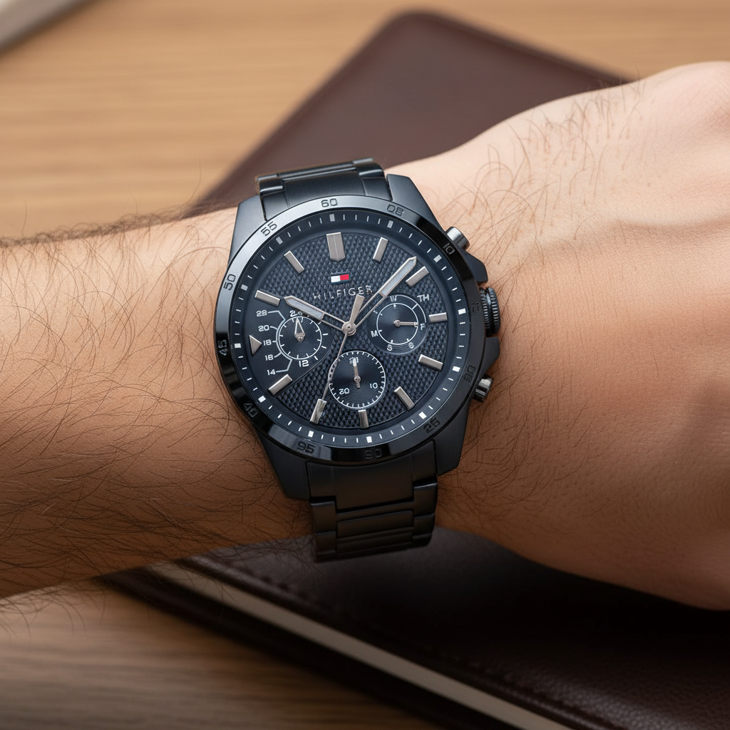Close up shot of Tommy Hilfiger 1791560 watch on wrist showing the textured blue dial details