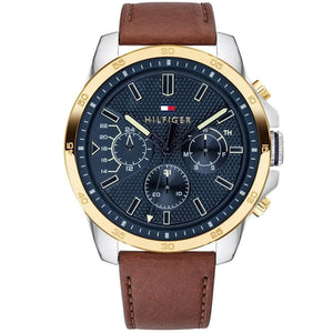 Tommy Hilfiger Decker 1791561 men's watch with silver and gold case blue dial and brown leather strap