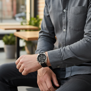Man wearing Tommy Hilfiger Oliver silver and black rubber watch for a sharp, bold, and dynamic everyday look