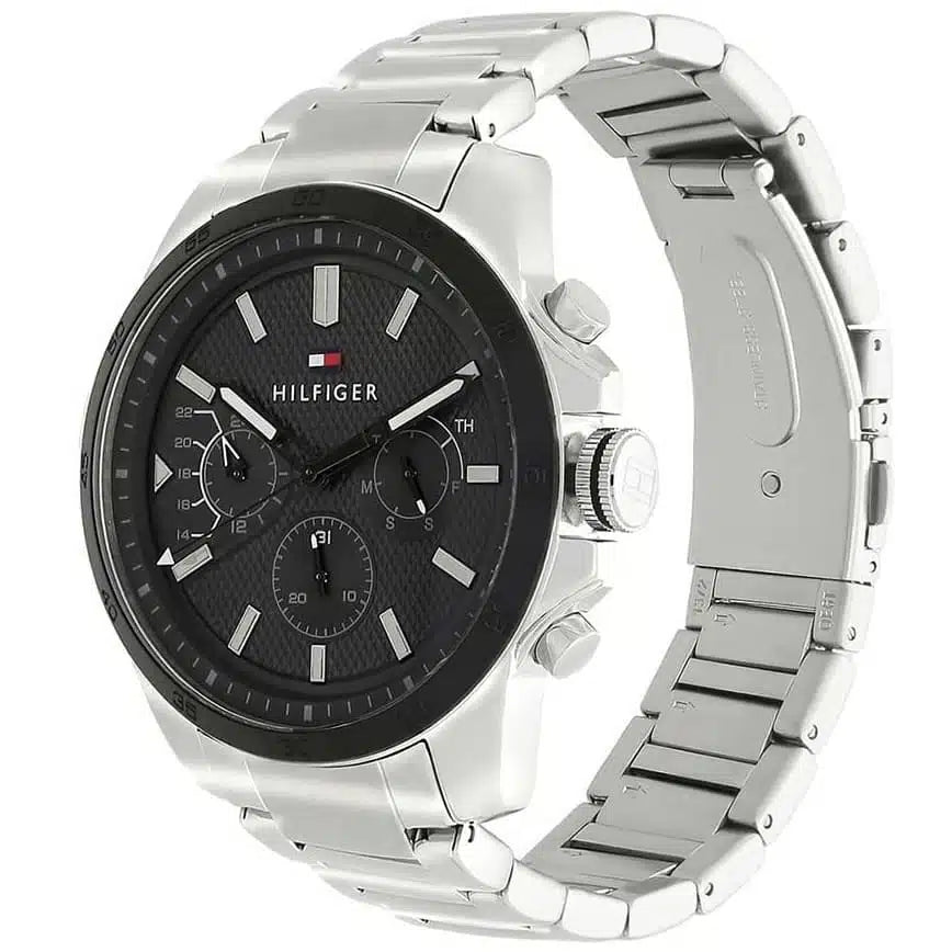 Angled view of Tommy Hilfiger 1791564 highlighting the polished silver case and integrated stainless steel bracelet