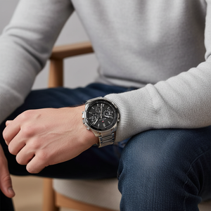 Man wearing Tommy Hilfiger Oliver silver metal watch for a sharp, bold, and dynamic everyday look