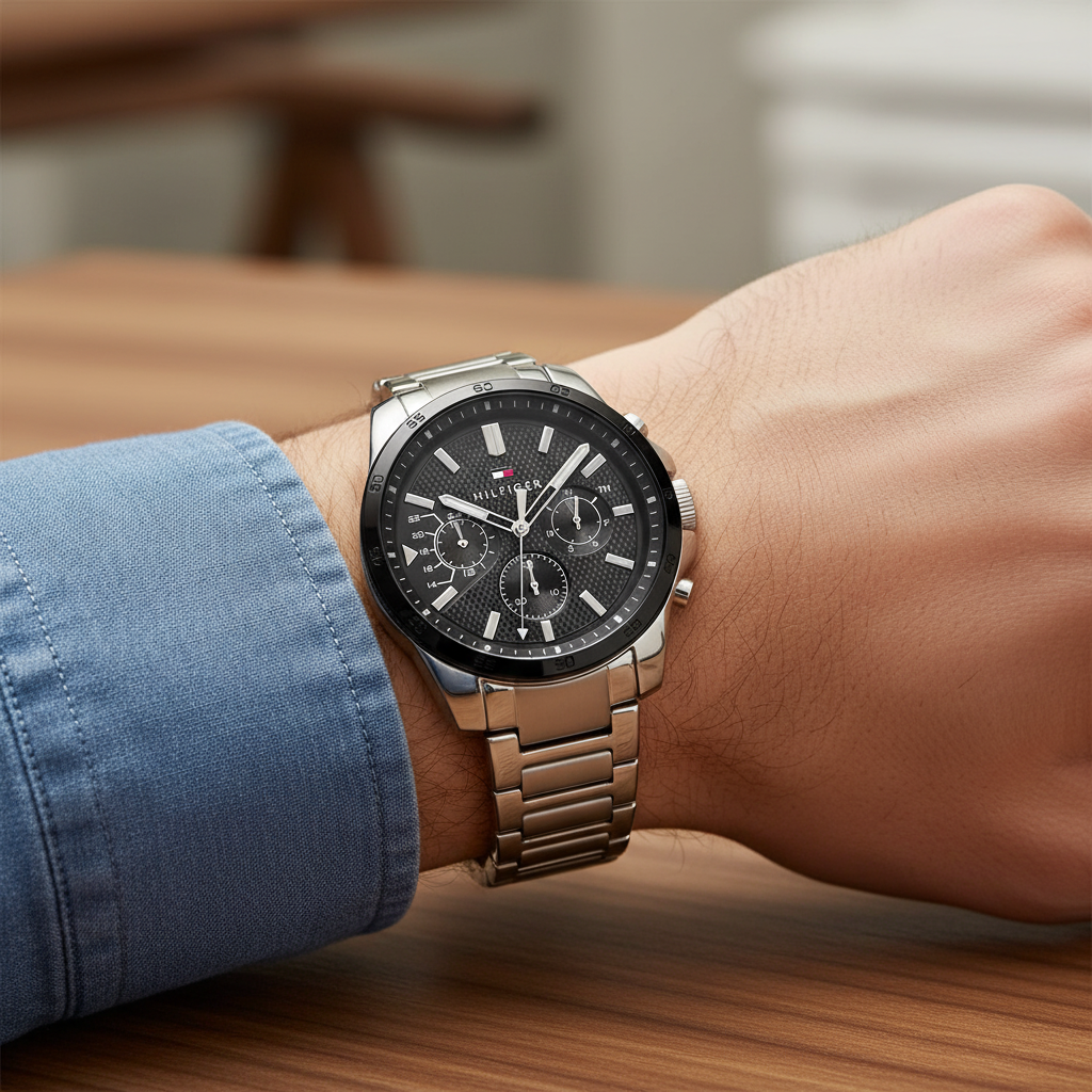 Close up shot of Tommy Hilfiger 1791564 on wrist showing the black dial with multi-function sub-dials and silver-tone hands