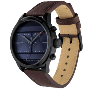 Angled view of the Tommy Hilfiger 1791593 highlighting the black stainless steel case
