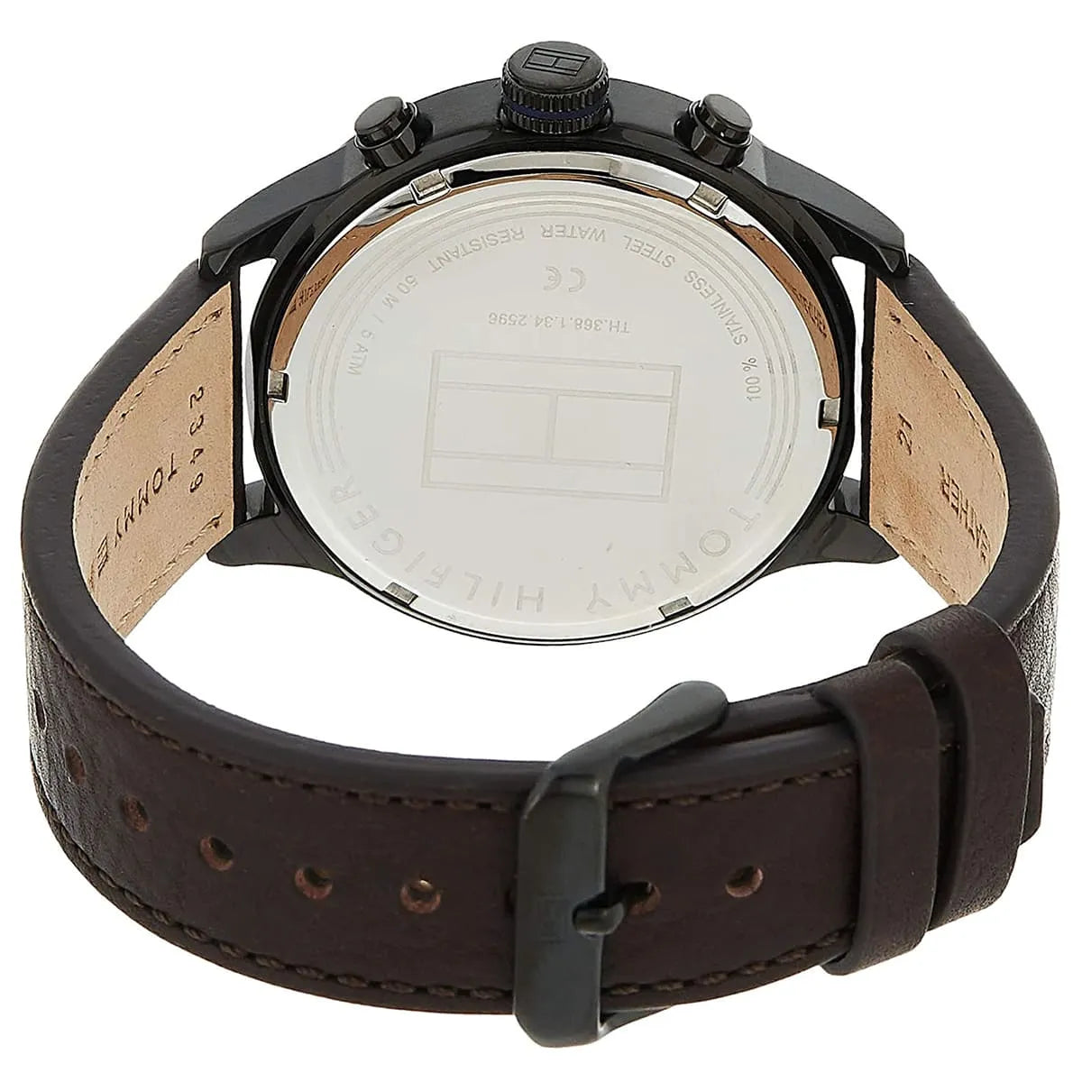 Detailed side view of the black crown on the Tommy Hilfiger 1791593