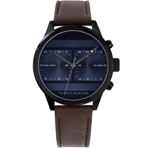 Tommy Hilfiger Icon 1791593 men's watch with black case blue dual-time dial and brown leather strap