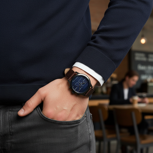 Male model wearing Tommy Hilfiger 1791593 black watch with a casual outfit