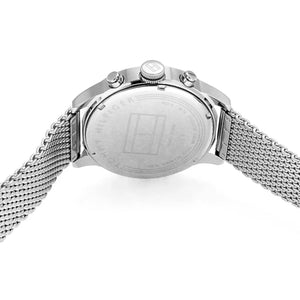 Left side perspective of the silver case and sleek mesh bracelet of the Tommy Hilfiger Cooper watch