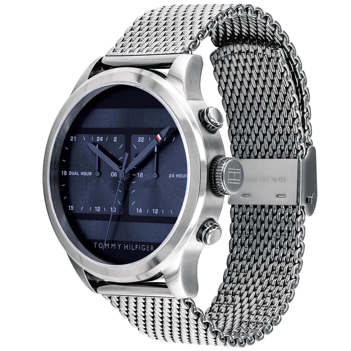 Angled view of Tommy Hilfiger 1791596 highlighting the slim silver case and modern stainless steel mesh strap