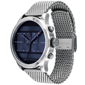 Angled view of Tommy Hilfiger 1791596 highlighting the slim silver case and modern stainless steel mesh strap