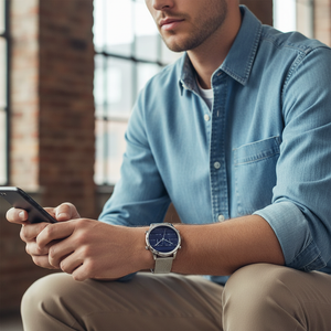Man wearing Tommy Hilfiger Cooper silver and blue mesh watch for a sophisticated, modern, and elegant professional look