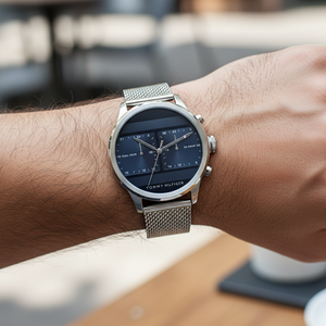 Close up shot of Tommy Hilfiger 1791596 on wrist showing the blue sunray dial and silver-tone mesh bracelet