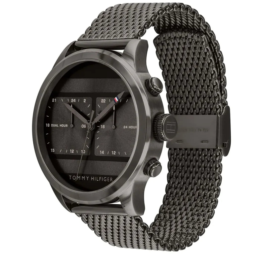 Angled view of the Tommy Hilfiger 1791597 highlighting the slim gunmetal stainless steel case