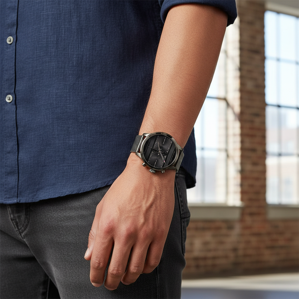 Male model wearing Tommy Hilfiger 1791597 gunmetal mesh watch with a modern casual outfit