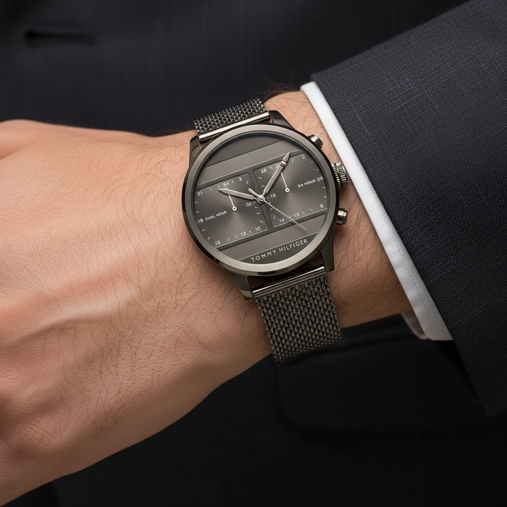 Close up shot of Tommy Hilfiger 1791597 watch on wrist showing the dual time dial details